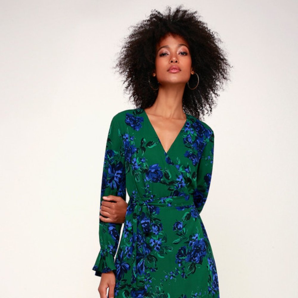 NWT Lulus Romantic Blooms Green Floral Print Midi Wrap Dress